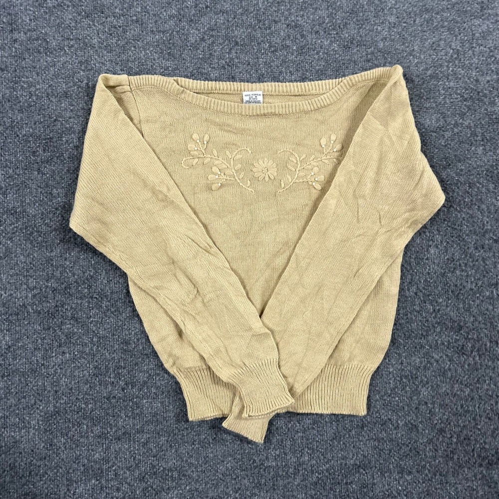 Unbranded Sweater Womens Size M Tan Floral Embroidered Boat Neck Knit Pullover